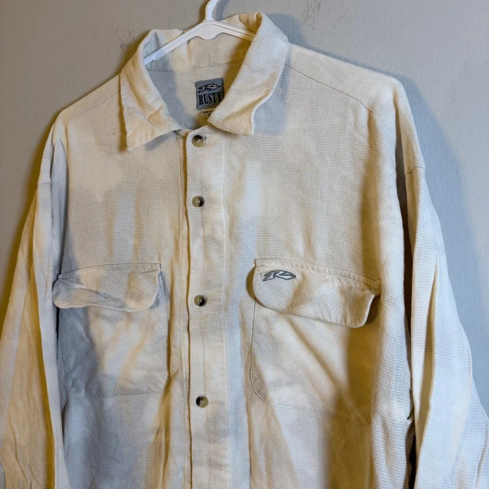 Vintage Rusty‎ Mens Cream Textured Long Sleeve Button Down Surf Shirt Large